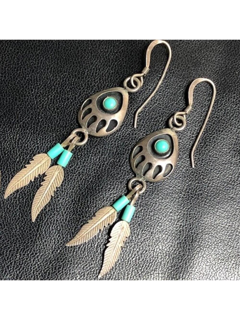B1281 Southwestern Bear Paw Dangle Earrings Sterling Silver Turquoise 2"